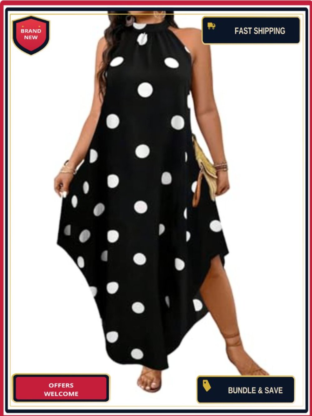 Plus Size Halter Neck Polka Dot Maxi Dress Sleeveless Asymmetrical Summer